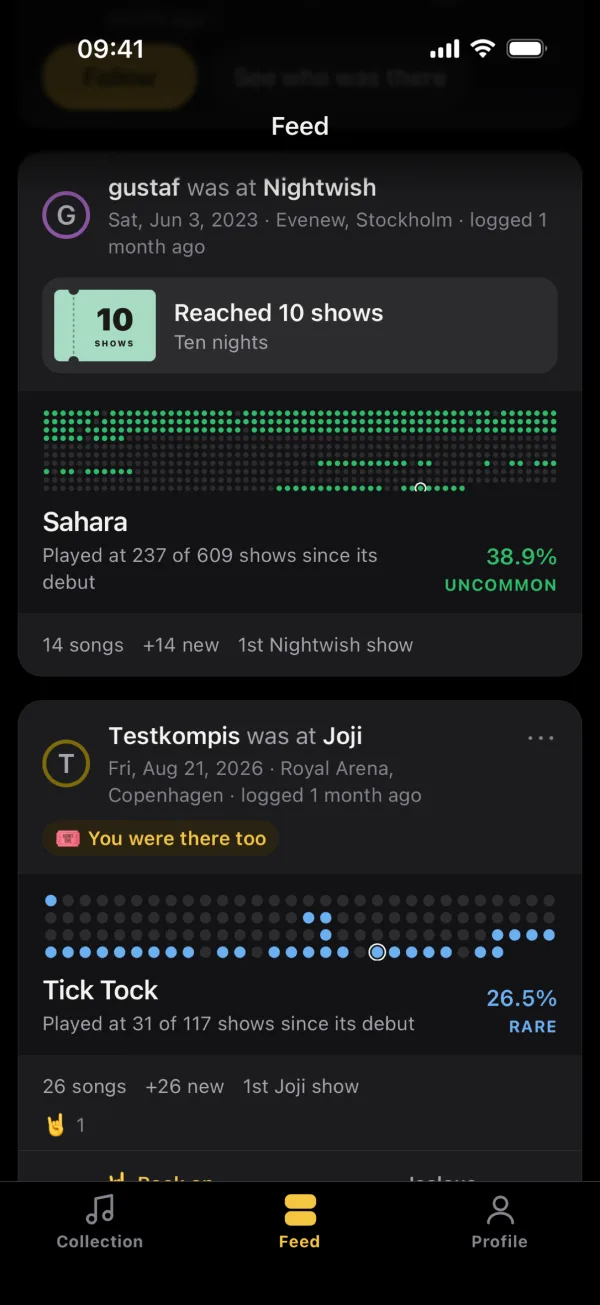 Feed with a logged Nightwish show and a friend's Joji show you were at too.